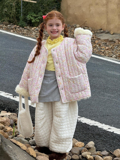 Fluffy reversible boa jacket with floral print and padded lining [mh0011743]