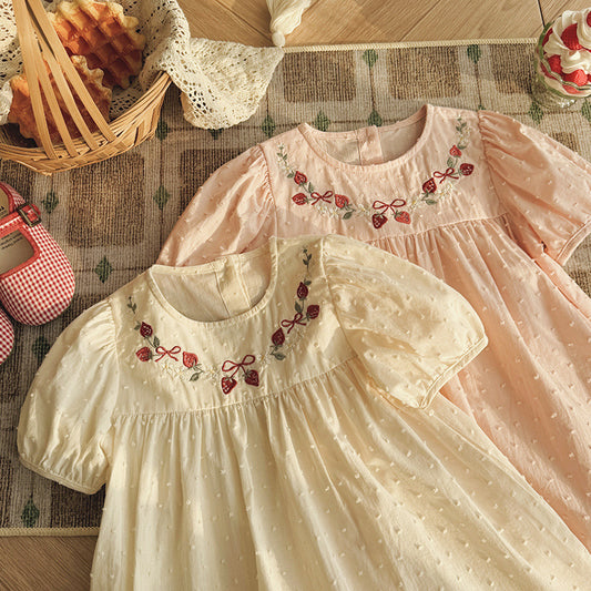 Strawberry Embroidery Dotted Cotton Dress いちご 半袖ワンピース【mh0013653】