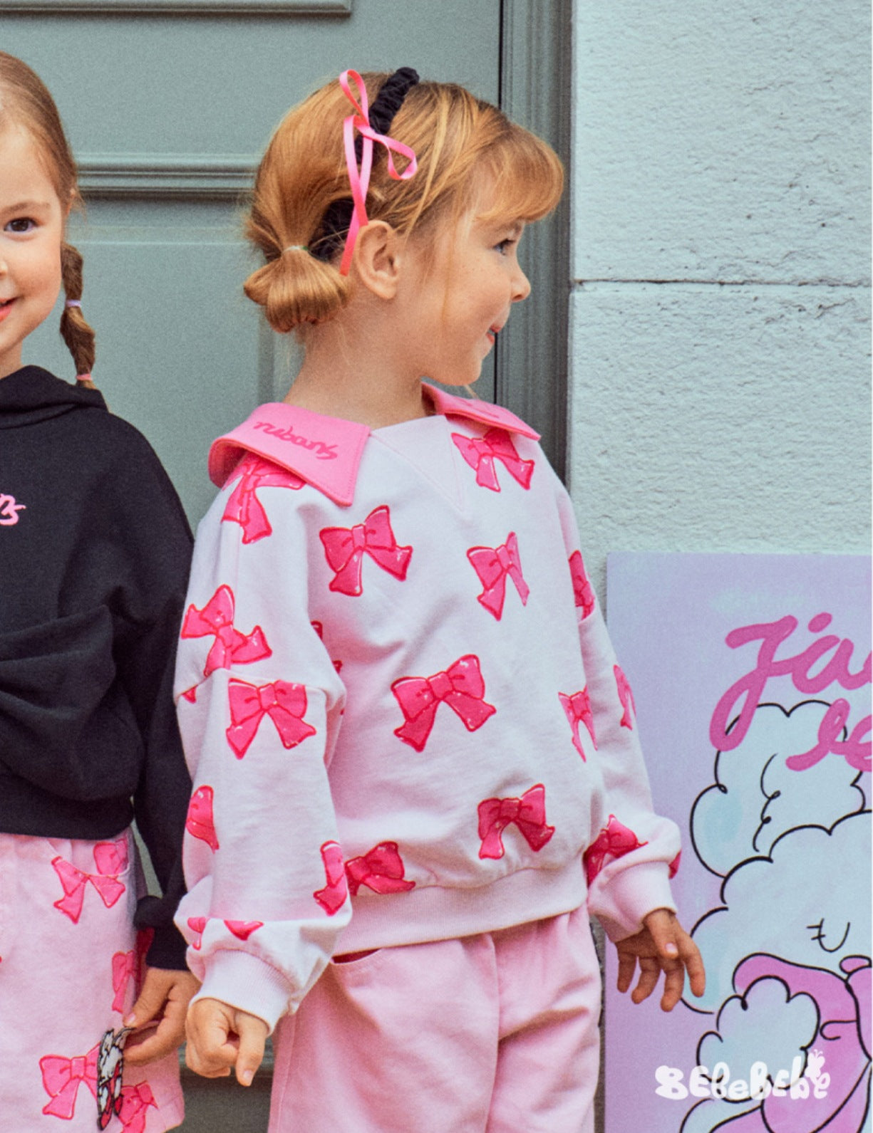 -リボン柄ビッグカラー長袖スウェット/フリル付きミニスカートセットアップ 2点セット【mh0010980】 - mamahalo shop - 長袖セットアップ -  べビー服 - 子供服 - 男の子 - 女の子