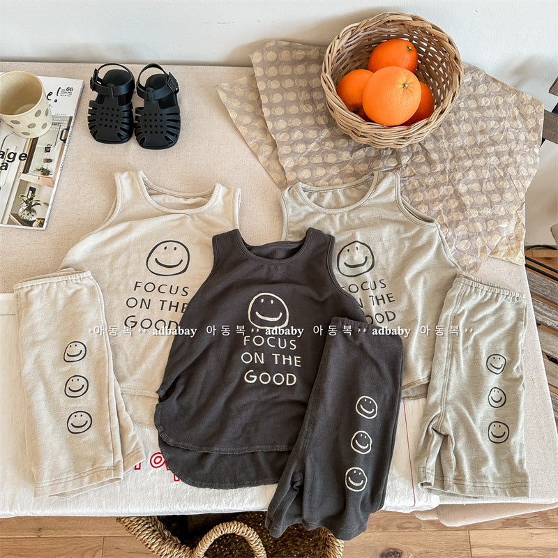 -キッズ スマイル セットアップ タンクトップ ショート レギンスパンツ【mh0001805】 - mamahalo shop - ノースリーブセットアップ -  べビー服 - 子供服 - 男の子 - 女の子