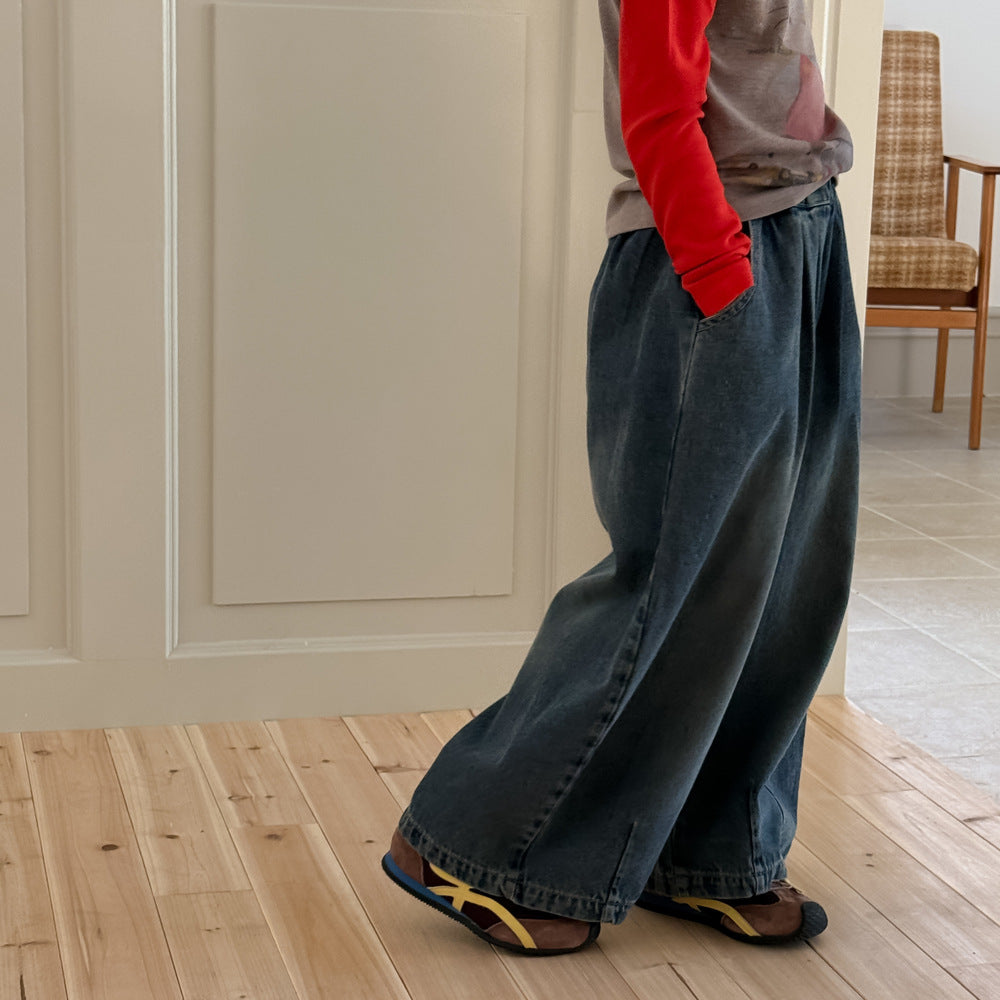 -プリーツ切り替えデニムワイドパンツジーンズ【mh0010767】 - mamahalo shop - デニムパンツ -  べビー服 - 子供服 - 男の子 - 女の子