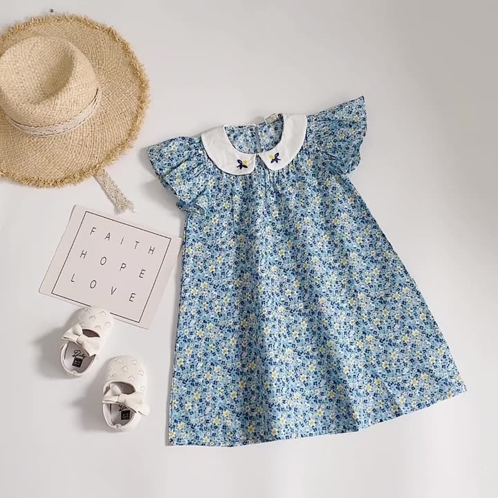 -キッズワンピース 半袖フライングスリーブワンピース 丸襟 フラワー花柄プリント 刺繍 ブルー【mh0006049】 - mamahalo shop - 半袖ワンピース -  べビー服 - 子供服 - 男の子 - 女の子