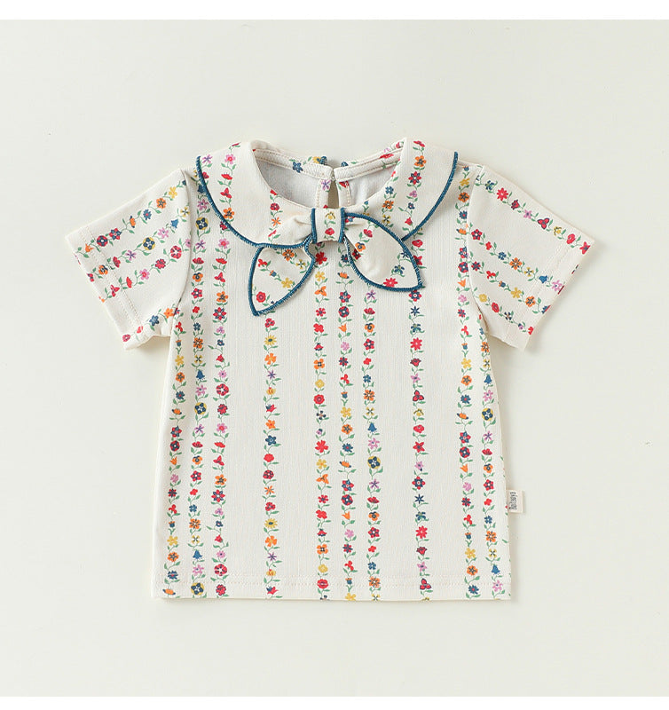Floral Striped Ruffle Blouse Bow Collar Shirt Bloomers ボタニカル 半袖ブラウス ノースリーブシャツ ブルマパンツ【mh0013490】