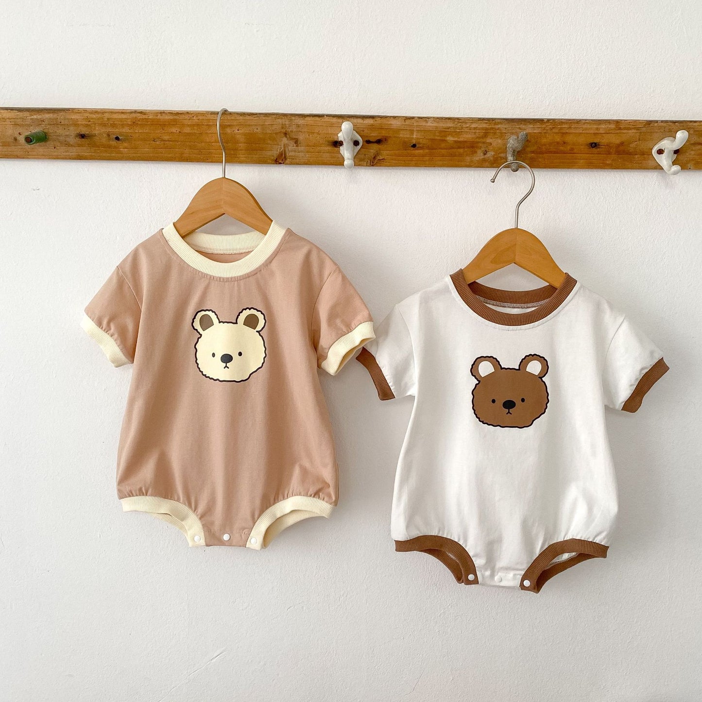 Baby Bear Print Bicolor Piping Short Sleeve Romper [mh0001860]