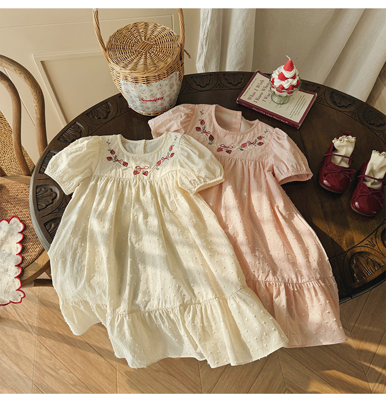Strawberry Embroidery Dotted Cotton Dress いちご 半袖ワンピース【mh0013653】