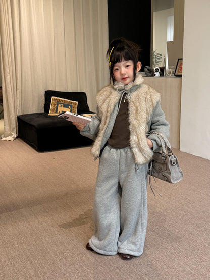 Kids' Set 2026 Winter Girls' Faux Fur Patchwork Sweatshirt Two-Piece Set, Thickened Fleece-Lined Kids Set Mo Xiao Meng【mh0014700】