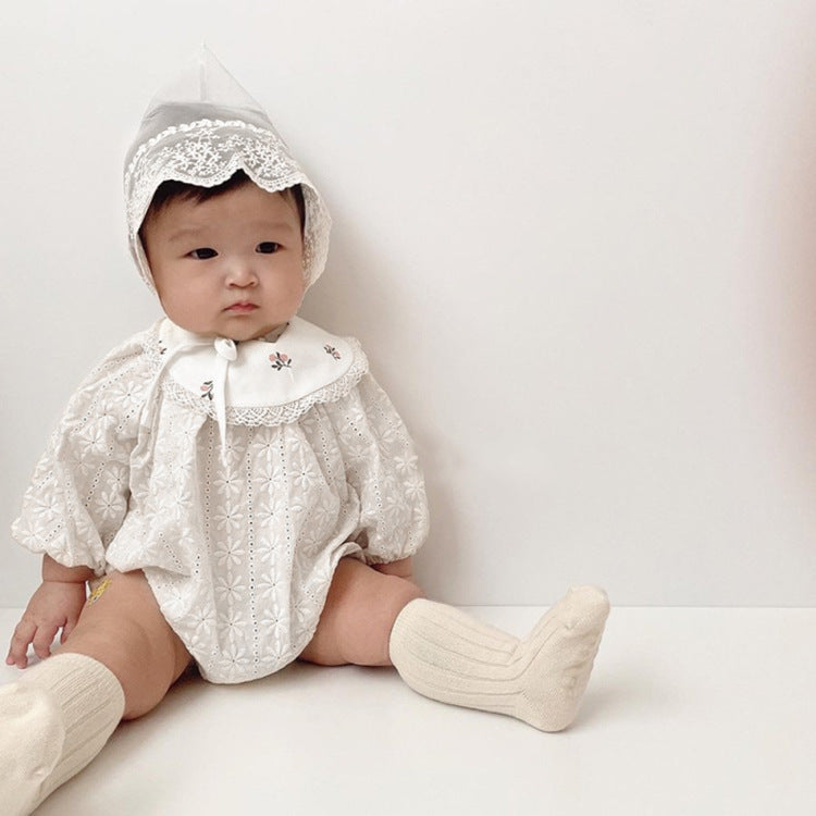 -ベビーキッズ フラワー 刺繍 エプロン ワンピース ロンパース【mh0000064】 - mamahalo shop - 長袖ロンパース -  べビー服 - 子供服 - 男の子 - 女の子