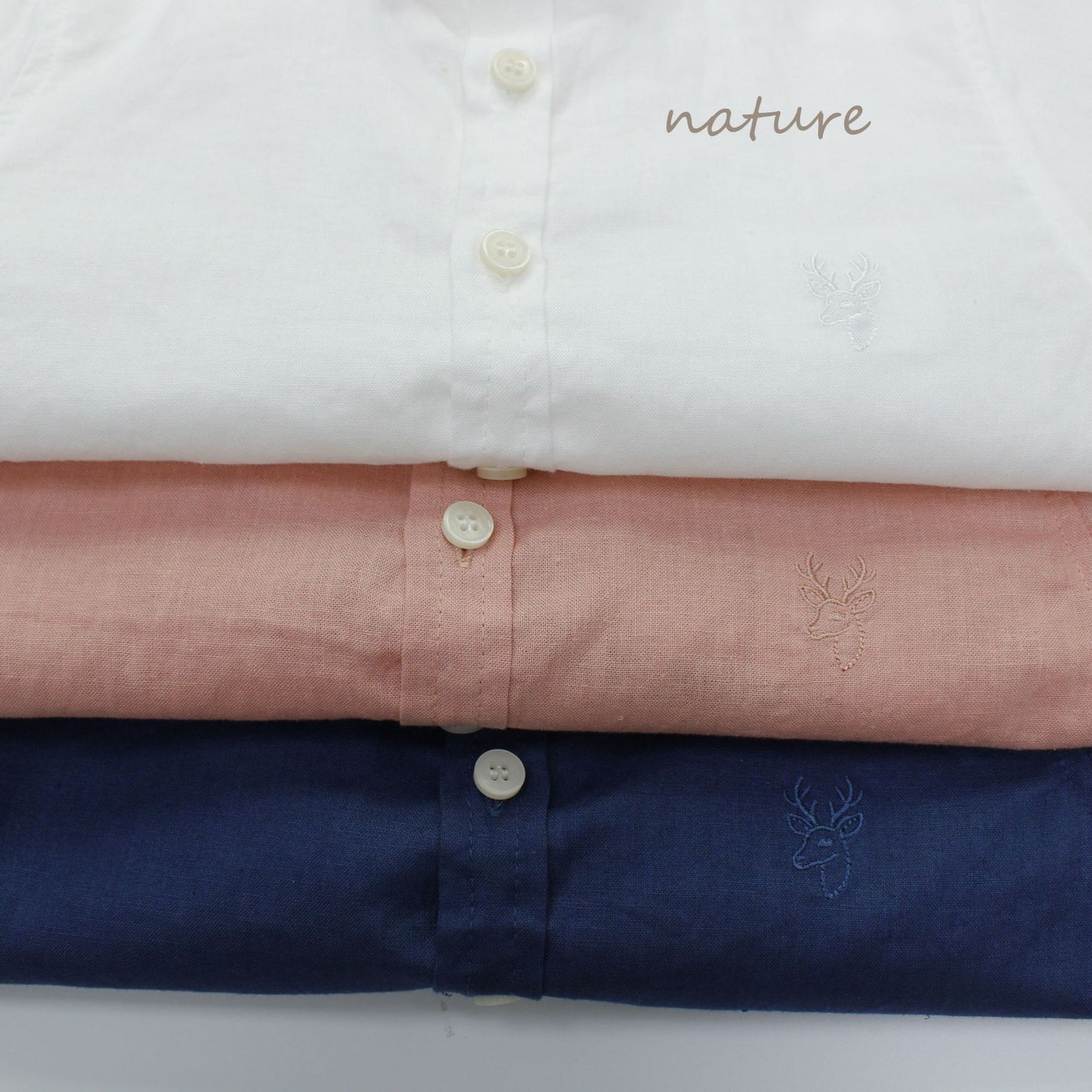Embroidered Deer Linen Blend Top ワンポイント長袖シャツ【mh0013630】