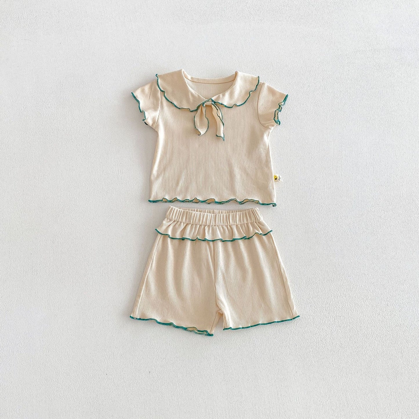 Ribbon Scalloped Collar Set-up リボン柄 セーラー襟 半袖セットアップ【mh0012703】