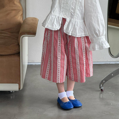 Floral Embroidered Gingham Plaid Capri Pants