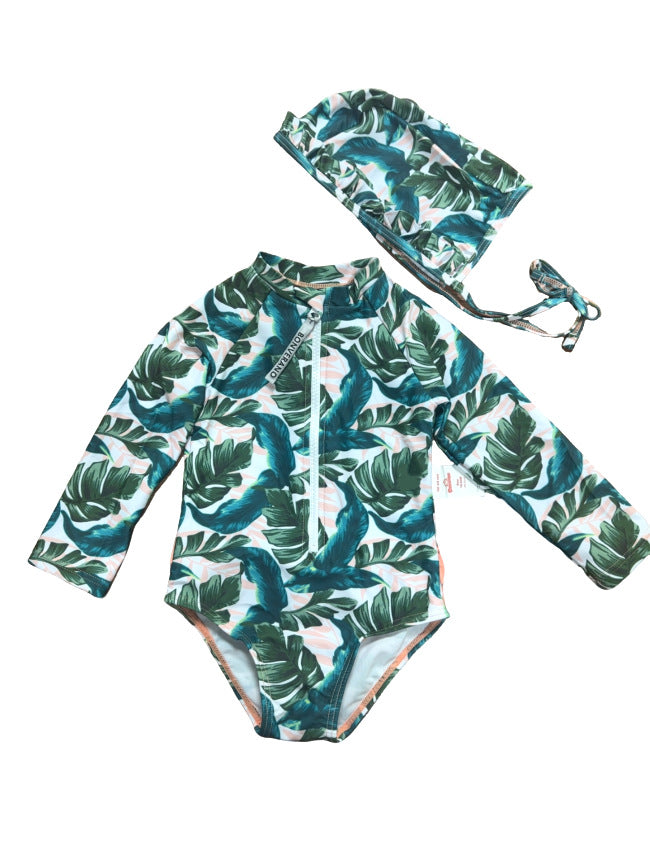Baby Girls One-piece Sun Protection Surf Suit ボタニカル 長袖水着 帽子セット【mh0013317】