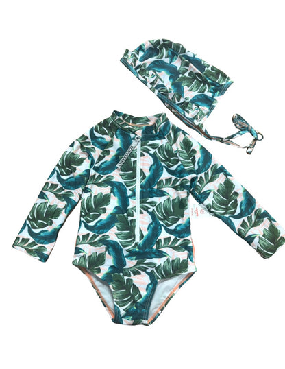 Baby Girls One-piece Sun Protection Surf Suit ボタニカル 長袖水着 帽子セット【mh0013317】