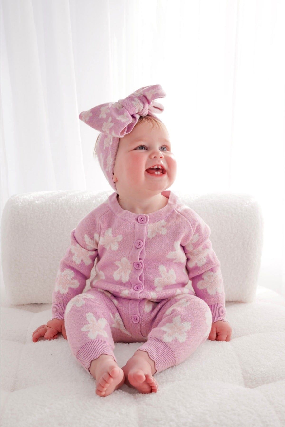 長袖ニットロンパース 花柄 ジャカードニット ジャンプスーツ ヘアバンド【mh0011856】