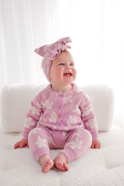 長袖ニットロンパース 花柄 ジャカードニット ジャンプスーツ ヘアバンド【mh0011856】