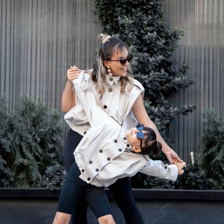 Kids' Shoulder-Pleated Stand-Collar Double-Button Jacket [mh0014740]