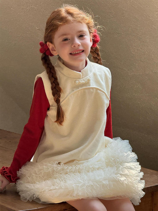 ノースリーブワンピース チュールフリルスカート フリース チャイナドレス【mh0011766】