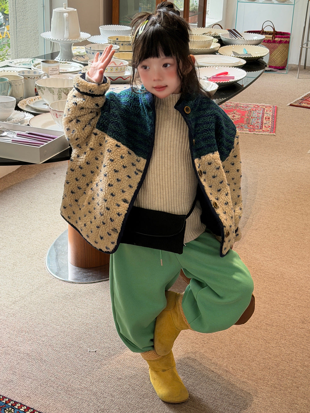 Mo Xiao Meng Children's Wool Sweater 2026 Winter Girls' Korean Color-Block Patchwork Sherpa Jacket Children's Thickened Cotton Jacket【mh0014694】