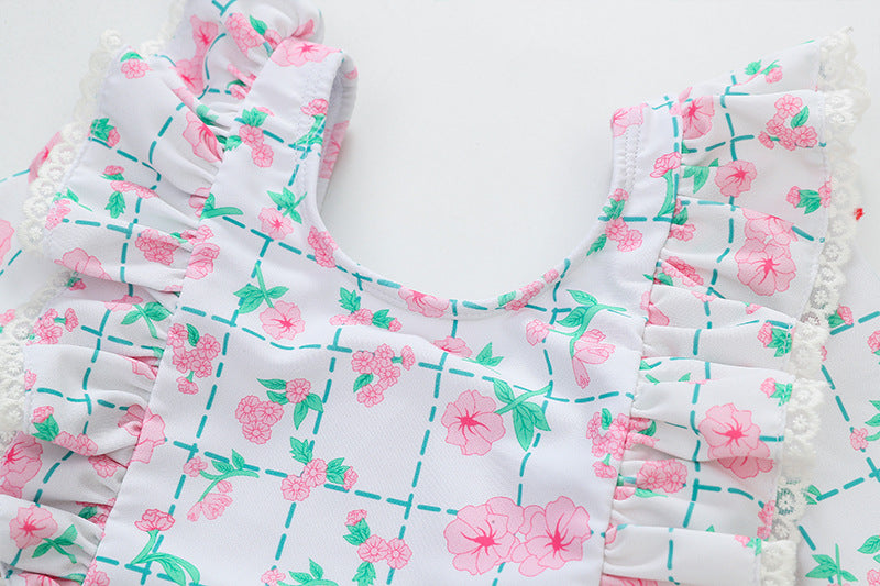 -キッズ 水着 長袖 ワンピース フリル フラワー 花柄 チェック スイムウェア 帽子 セット ガールズ【mh0001992】 - mamahalo shop - ベビー用水着 -  べビー服 - 子供服 - 男の子 - 女の子