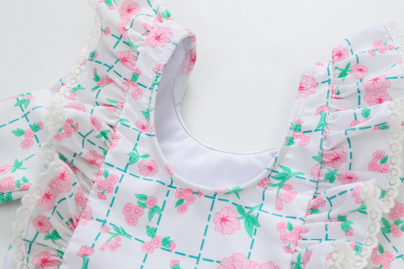 -キッズ 水着 長袖 ワンピース フリル フラワー 花柄 チェック スイムウェア 帽子 セット ガールズ【mh0001992】 - mamahalo shop - ベビー用水着 -  べビー服 - 子供服 - 男の子 - 女の子