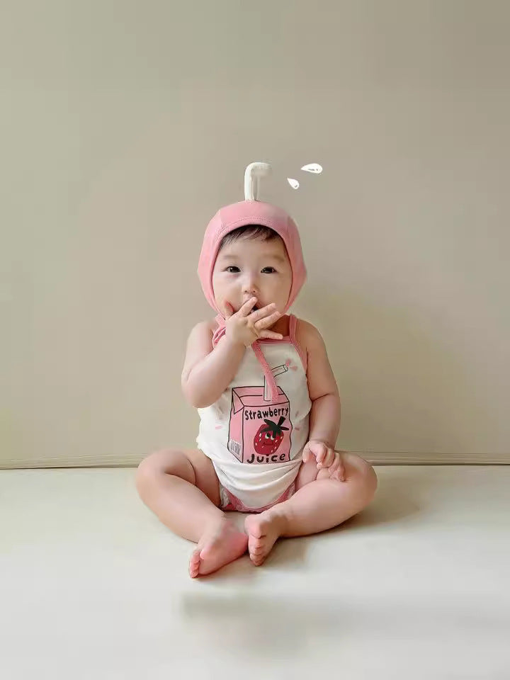 Fruit Juice Print Sleeveless Romper Hat Set フルーツ キャミソールロンパース 帽子 セット【mh0013374】