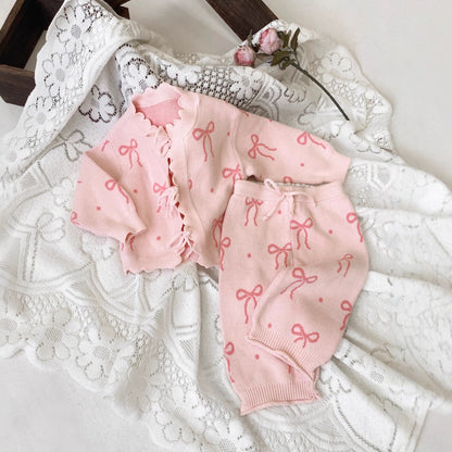 ジャカードニットセットアップ リボン ピンク フリル カーディガン ニットパンツ【mh0011854】