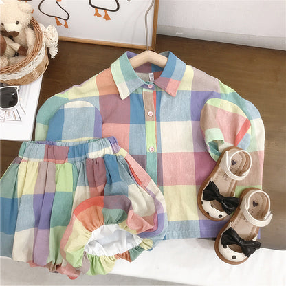 -キッズ ガールズ ボーイズ セットアップ マドラス チェック 半袖 シャツ ブラウス ショートパンツ バルーンパンツ リンク 兄弟 姉妹 お揃い コーデ【mh0001742】 - mamahalo shop - 半袖セットアップ -  べビー服 - 子供服 - 男の子 - 女の子