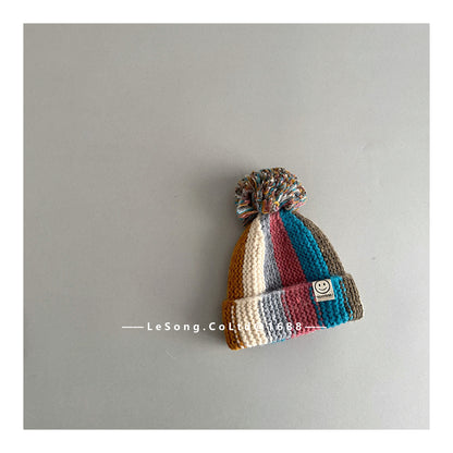 キッズ帽子 カラフルストライプ ニットキャップ ぽんぽん ビーニー【mh0011847】