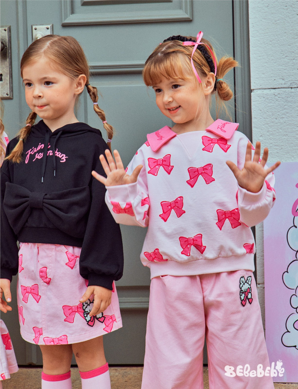 -リボン柄ビッグカラー長袖スウェット/フリル付きミニスカートセットアップ 2点セット【mh0010980】 - mamahalo shop - 長袖セットアップ -  べビー服 - 子供服 - 男の子 - 女の子