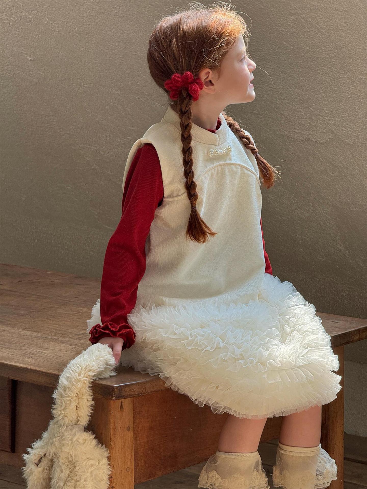 ノースリーブワンピース チュールフリルスカート フリース チャイナドレス【mh0011766】