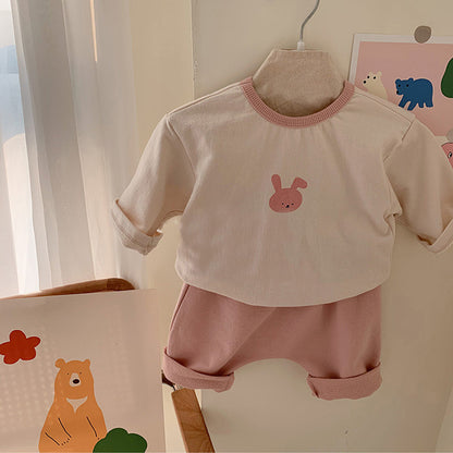 ベビー リンガーTシャツ＆ロングパンツセット、うさぎプリントのピンクパンツ