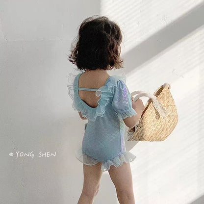 One-Piece Short-Sleeve Mermaid Swimwear ラッフル 半袖ワンピース水着【mh0013333】