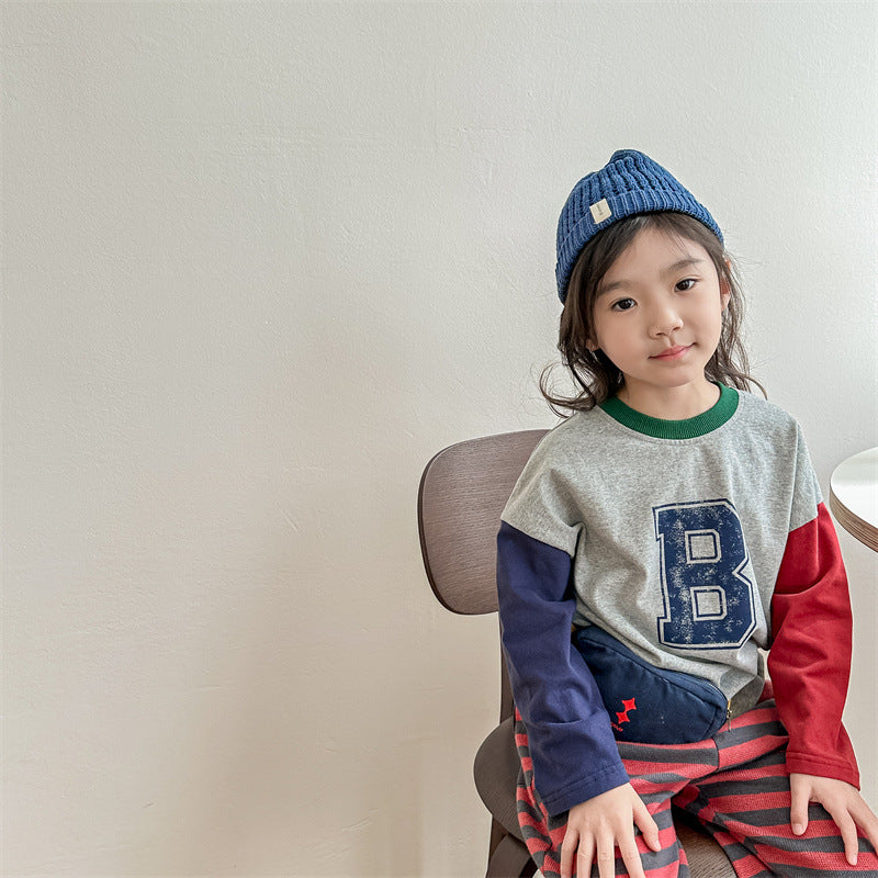 Kids Tops Long Sleeve T-Shirt Patchwork Letter Logo Print 2 Colors
