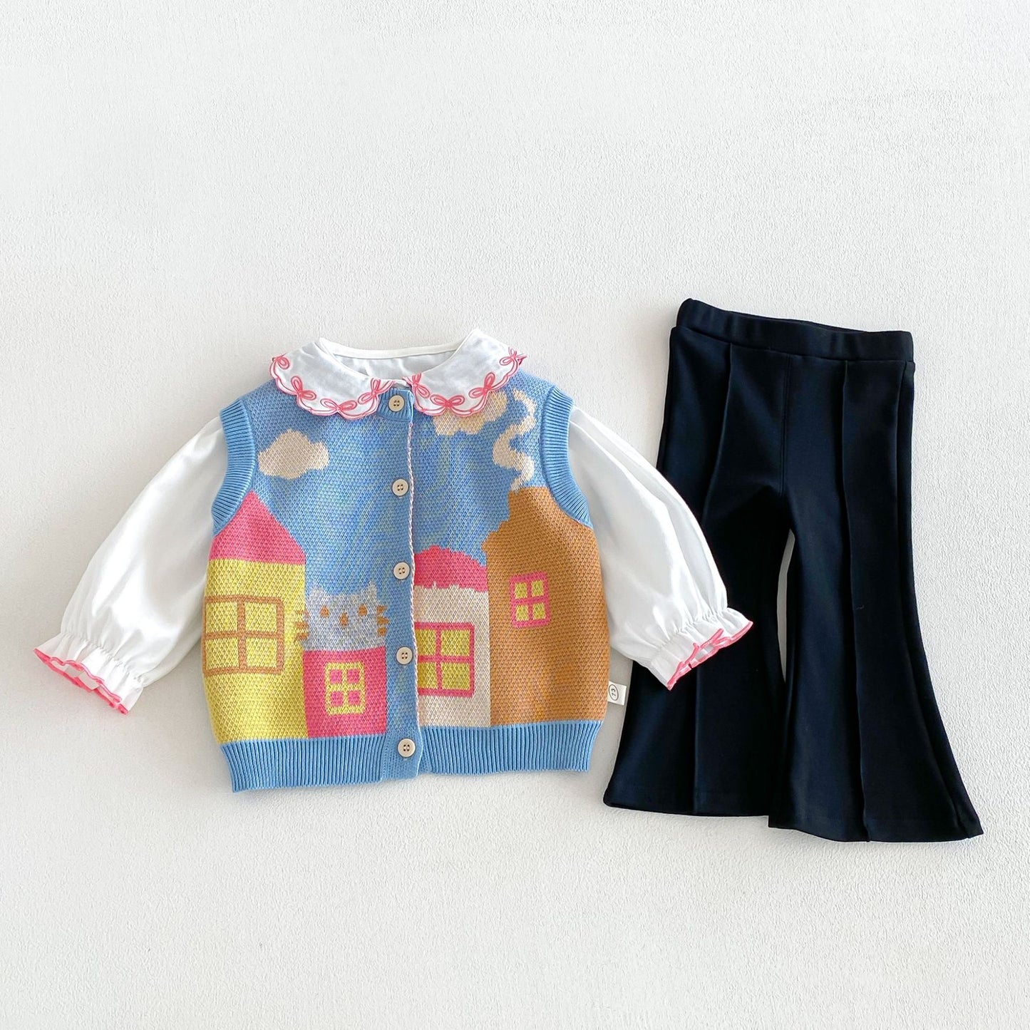 Chaleco de punto jacquard con motivo de casa para niños, cuello con volantes, blusa de manga larga y pantalones acampanados【mh0014046】