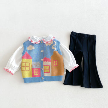 Kids' House Motif Jacquard Ruffle Collar Knit Vest, Long-Sleeved Blouse, Flare Pants Set [mh0014046]