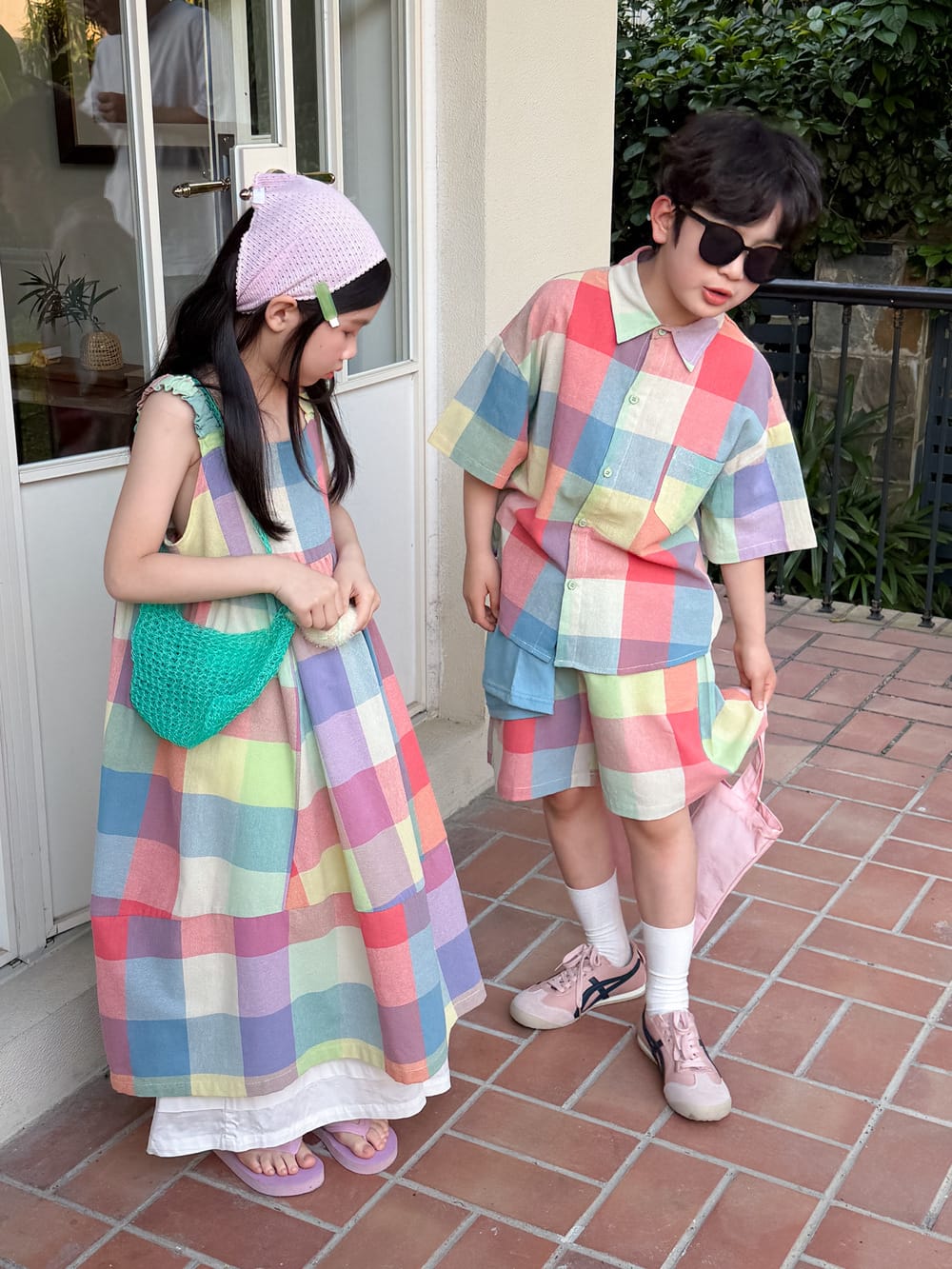 Gingham Multi Colored Dress Shirt Shorts Set ノースリーブワンピース 半袖シャツ パンツ【mh0013523】