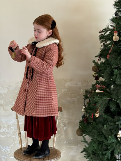 A-line retro coat with check pattern, round collar, quilted fur ribbon collar [mh0011889]