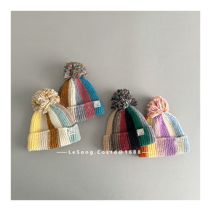 キッズ帽子 カラフルストライプ ニットキャップ ぽんぽん ビーニー【mh0011847】