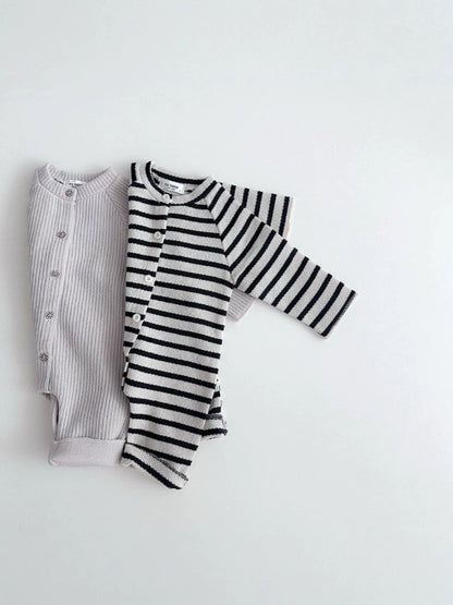 Body de bebé de punto canalé a rayas con botones frontales y manga larga【mh0014649】