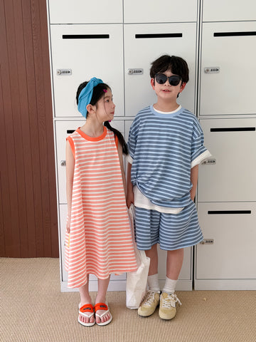 Casual Stripe Navy Orange Set ボーダー 半袖Tシャツ ハーフパンツ セット ノースリーブワンピース【mh0013531】
