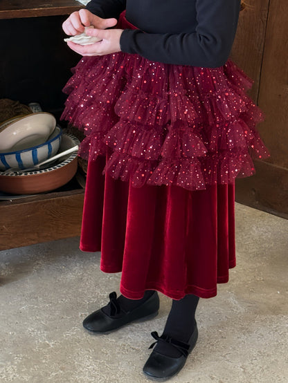 ハイネック長袖Tシャツ/ベルベッドメッシュドッキングスカート【mh0011888】