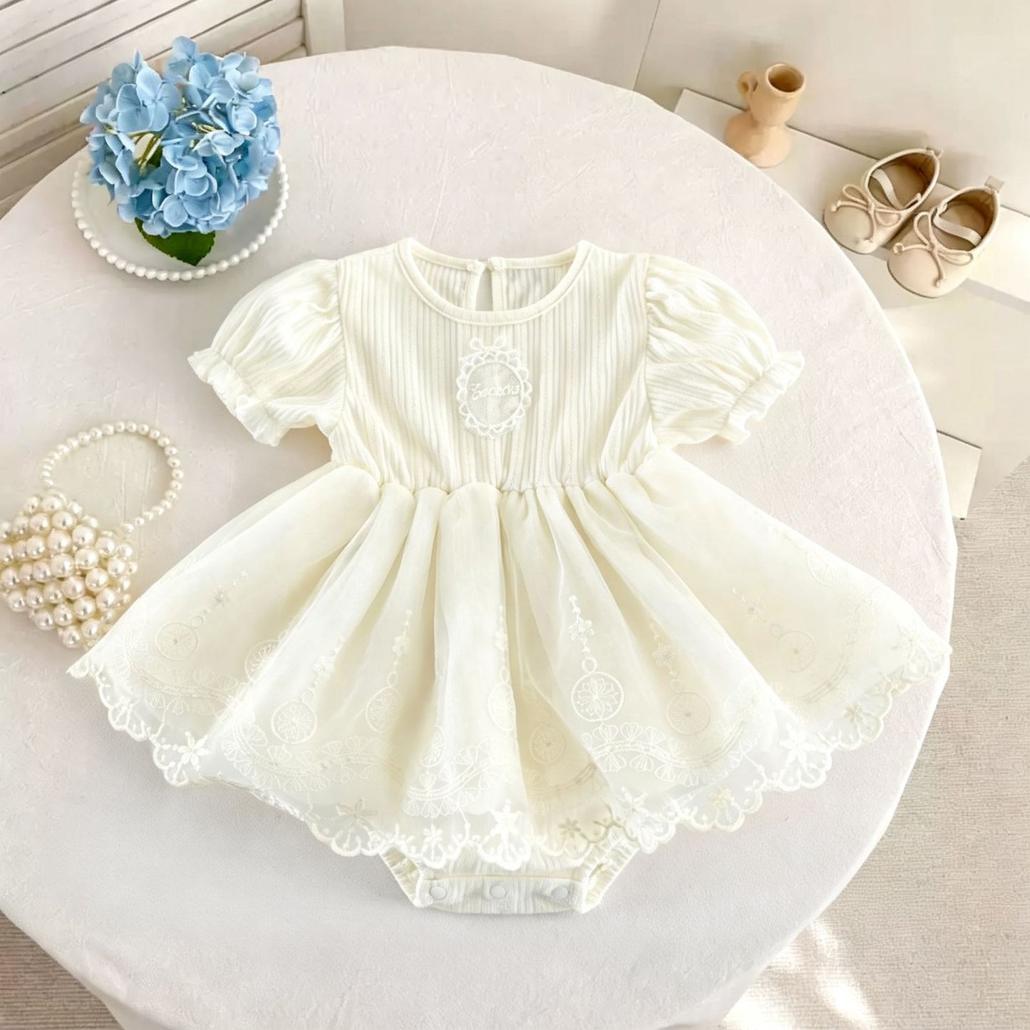 Lace Ruffle Mesh Patchwork Puff Sleeve Romper レース 半袖ロンパース【mh0013433】