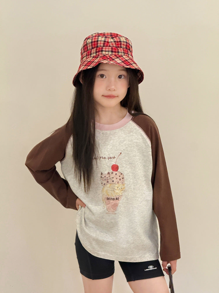 キッズ ジュニア 配色 バイカラー ラグラン プリント 長袖Tシャツ【mh0014416】