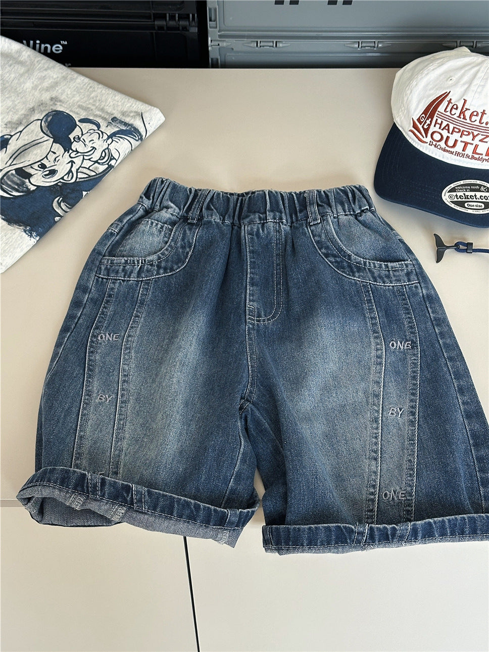 Embroidered Denim Shorts 英字刺繍 デニムハーフパンツ【mh0012958】