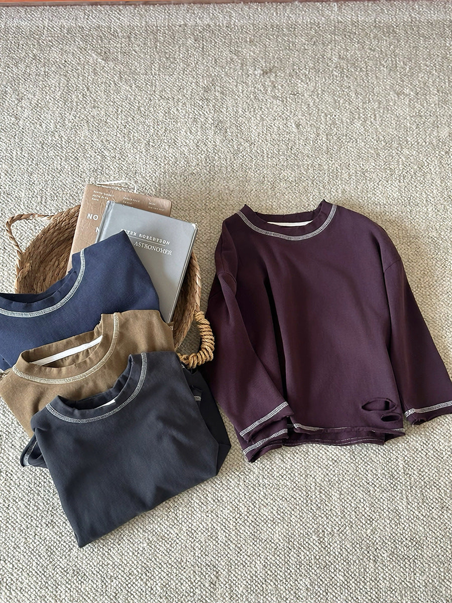 Kids' Distressed Stitch Loose Crewneck Long Sleeve T-Shirt [mh0014304]