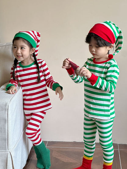 Kids' striped long-sleeve T-shirt, easy-fit long pants, and pom-pom motif cap: 3-piece set【mh0008100】
