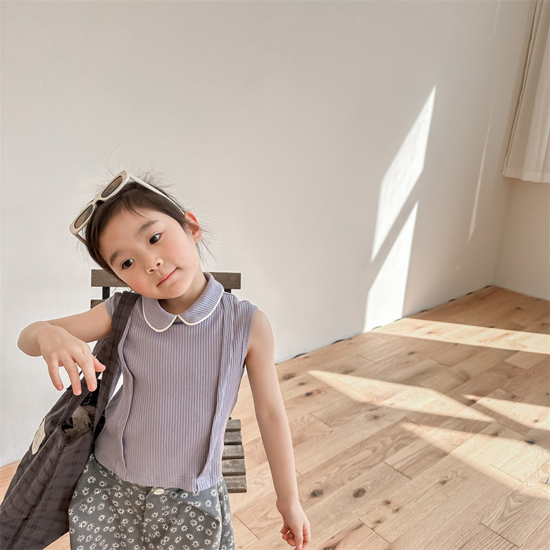 Kids' Ribbed Sleeveless T-shirt with Collar and Round Neck【mh0001795】