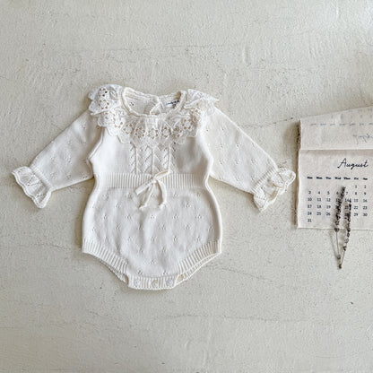 -花柄レース襟付き長袖ニットロンパース【mh0011150】 - mamahalo shop - 長袖ロンパース -  べビー服 - 子供服 - 男の子 - 女の子
