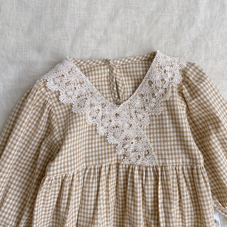 Checkered V-neck Lace Romper [mh0002458]