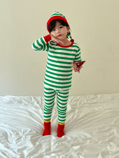Kids' striped long-sleeve T-shirt, easy-fit long pants, and pom-pom motif cap: 3-piece set【mh0008100】