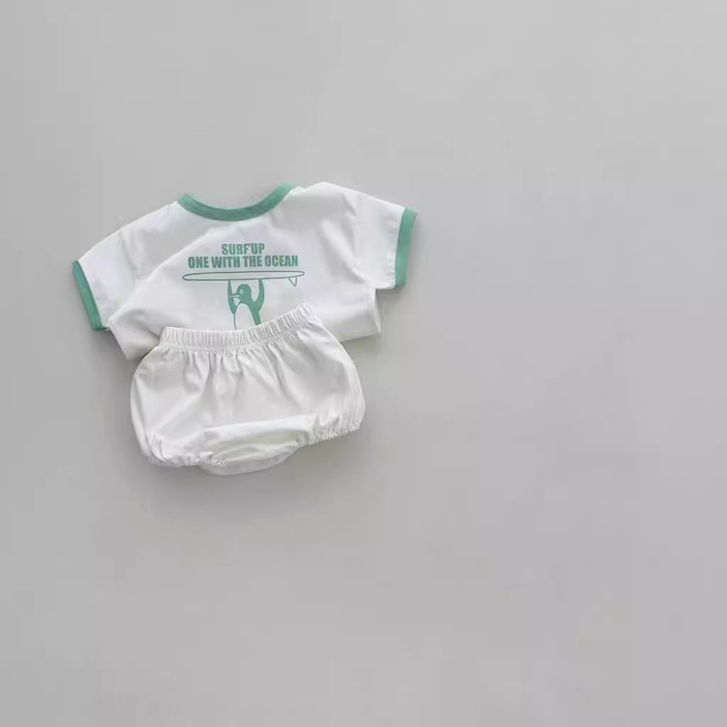 -ベビーセットアップ 2点セット 半袖Tシャツ+ブルマパンツ ペンギンサーファー 2カラー【mh0004983】 - mamahalo shop - 半袖セットアップ -  べビー服 - 子供服 - 男の子 - 女の子